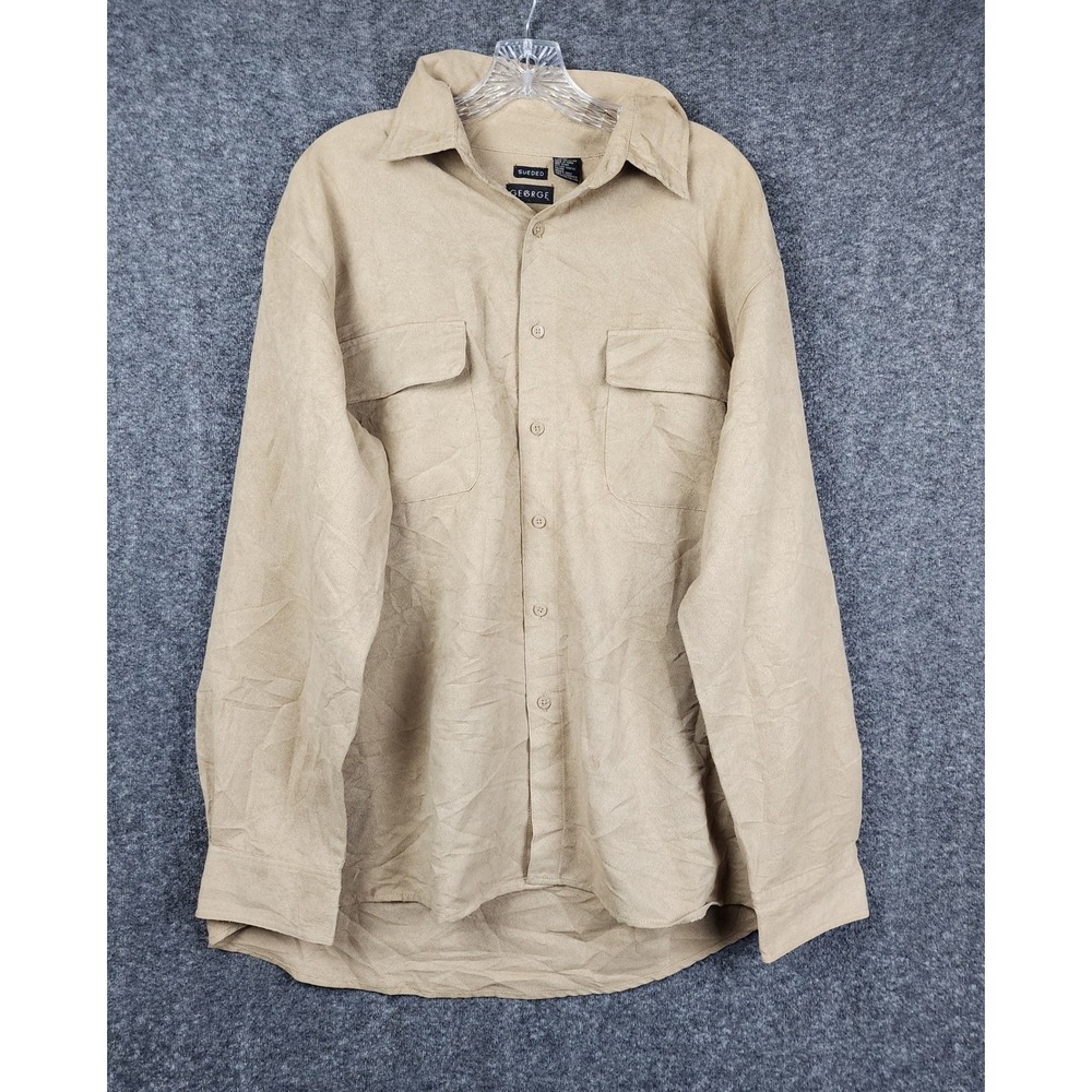 George Button Up Mens Large Khaki Tan Sueded Faux Suede Long Sleeve Shirt